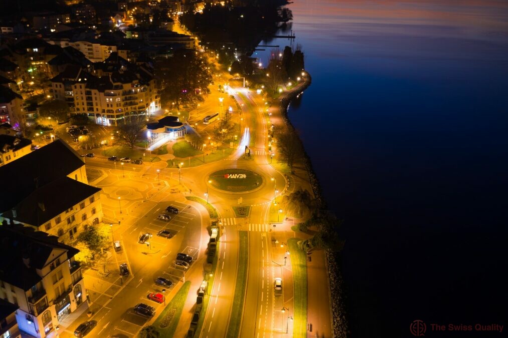 aerial night view of evian evian les bains city in haute savoie in france 1