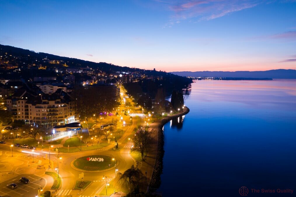 aerial night view of evian evian les bains city in haute savoie in france