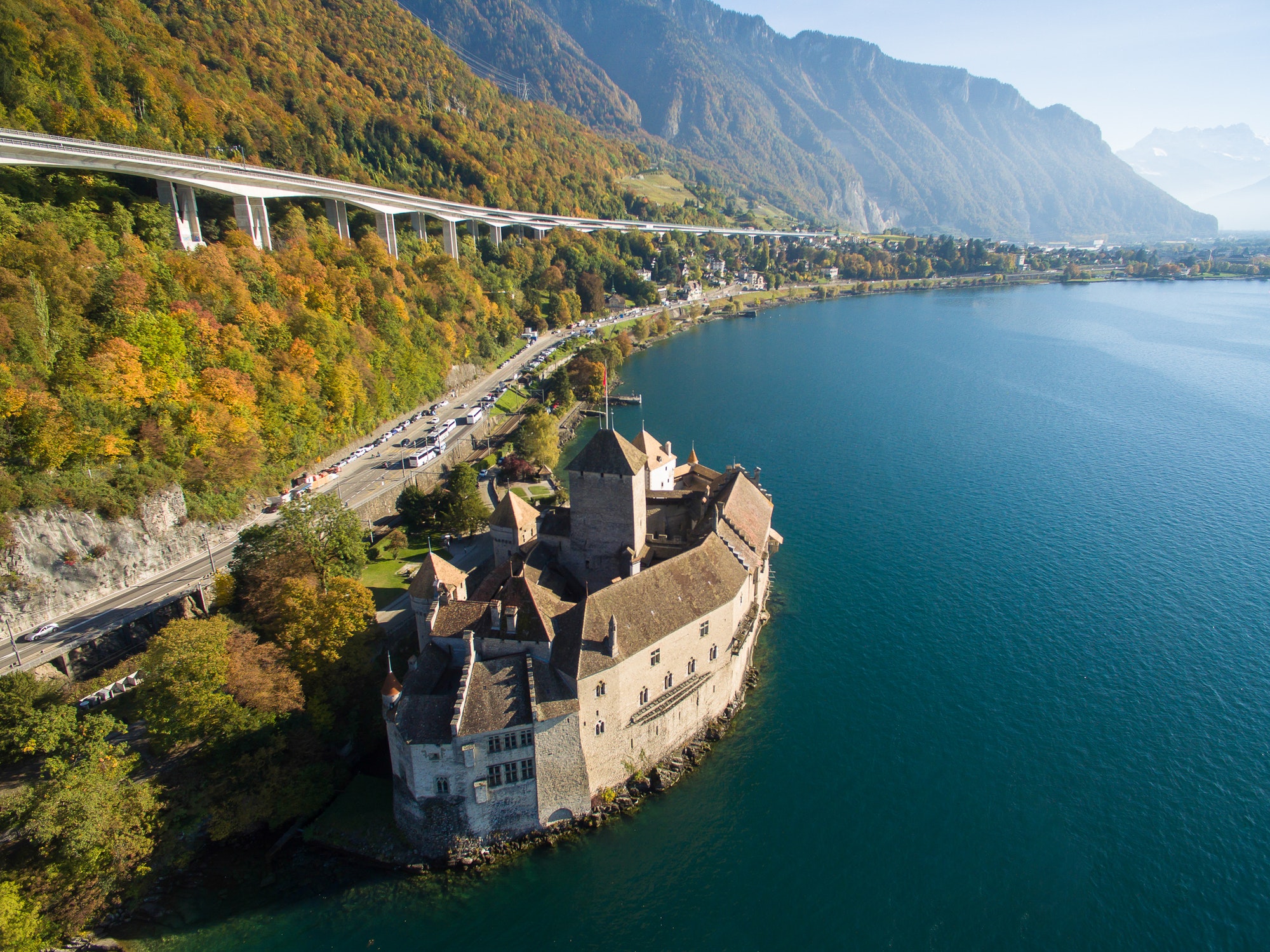 Aerial view of Chillon Castle – Chateau de Chillon in Montreux ...