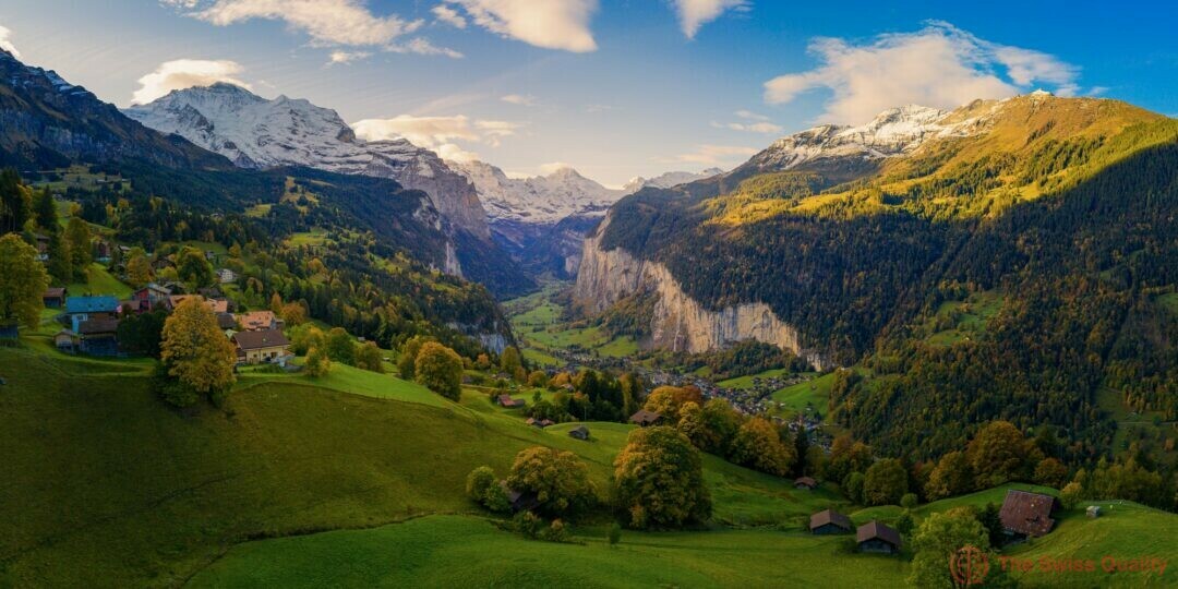 aerial view of lauterbrunnen valley in switzerland with autumn colors