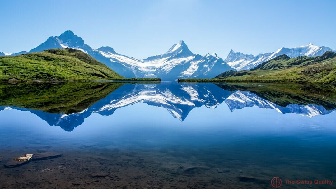 amazing nature reflection of matterhorn mountain with blue sky