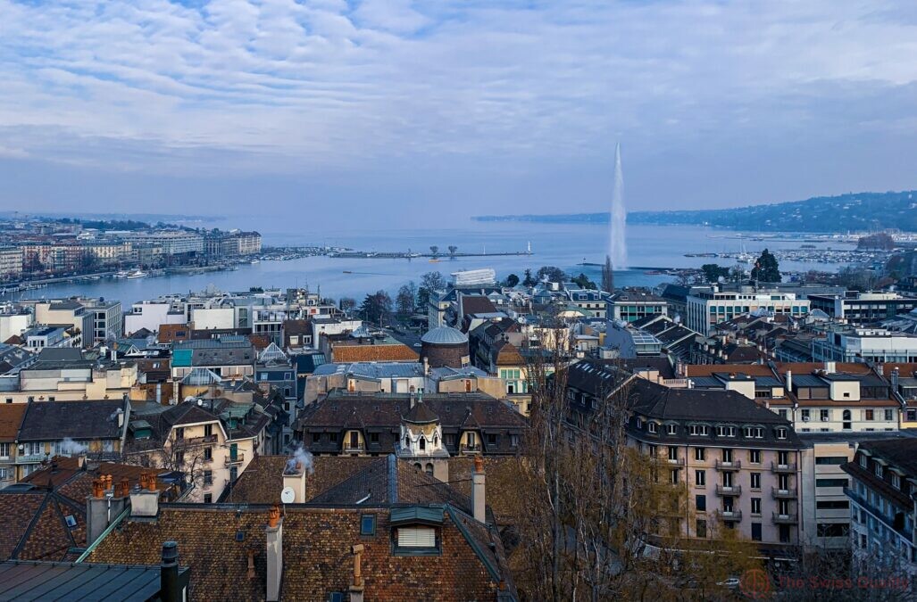 beautiful panoramic view at geneva city and lac leman with famous lake water fountain jet d eau at