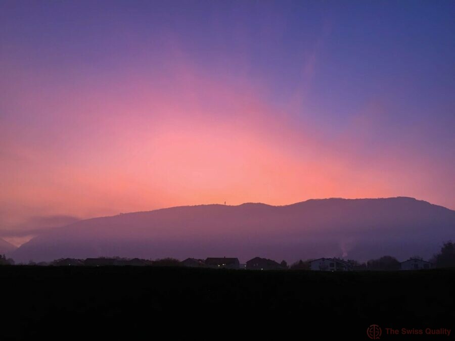 beautiful pink sunrise over saleve mountain near geneva switzerland