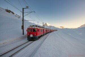 red train in the snow