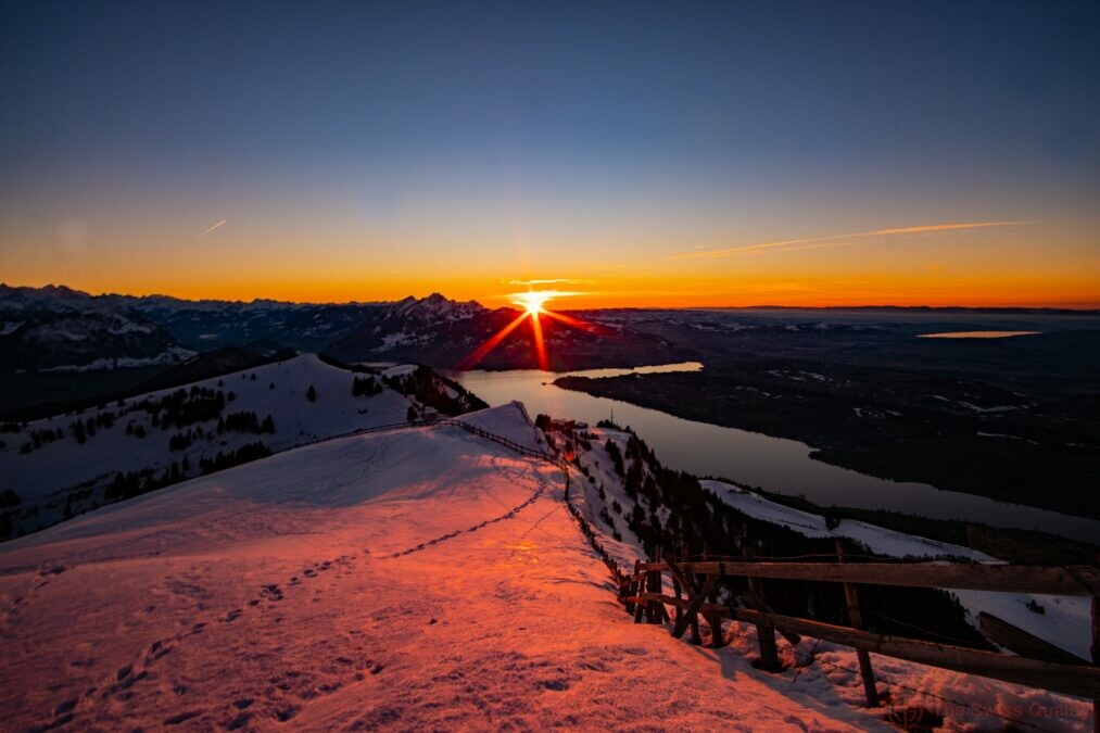 sunset on mount rigi in winter