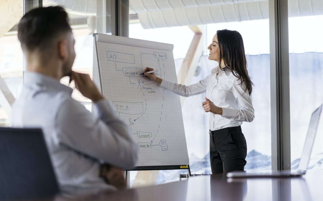 businesswoman and businessman working with flip chart in office 1