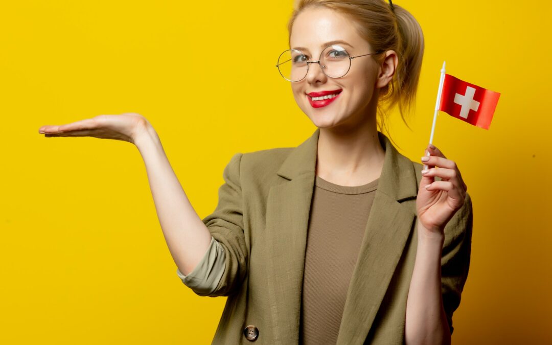 style blonde woman in jacket with swiss flag on yellow background 3
